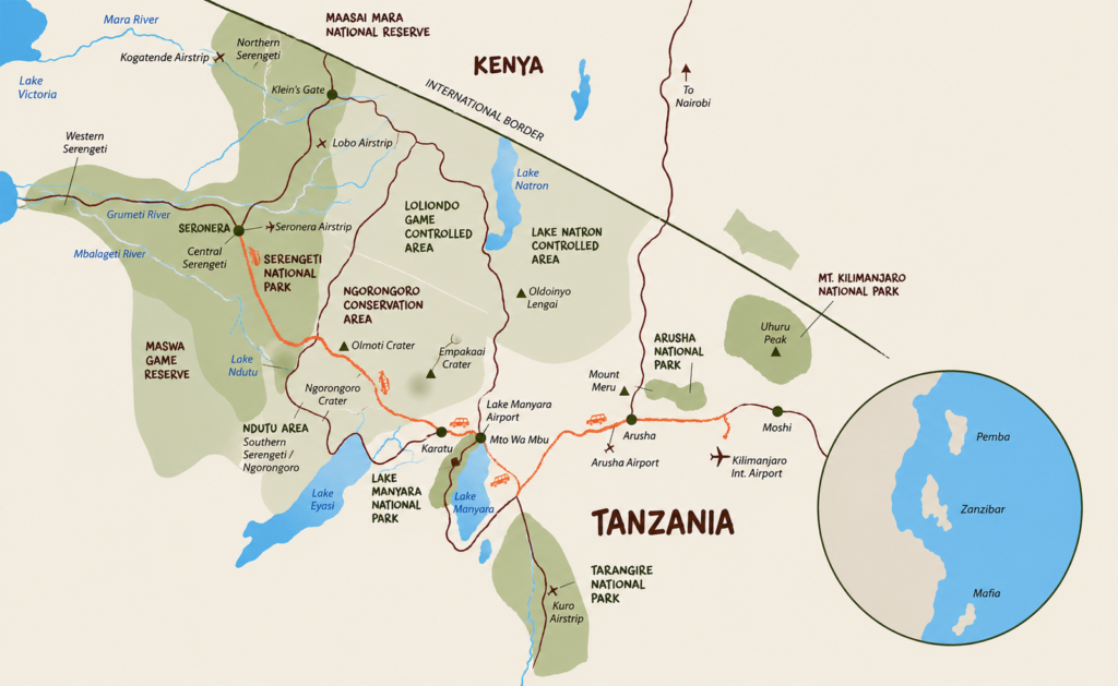7 days Tanzania safari itinerary Serengeti Ngorongoro map