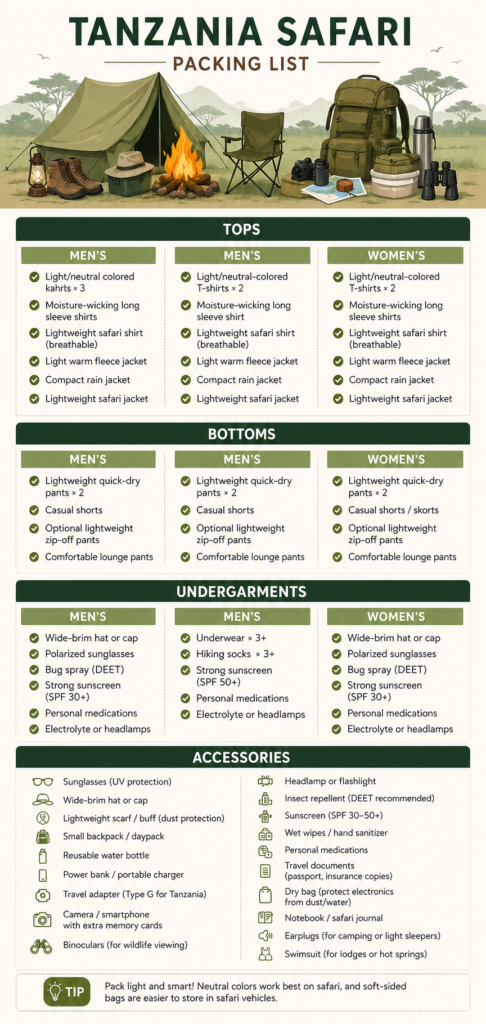 Tanzania safari packing list essentials including camera binoculars hat and duffel bag