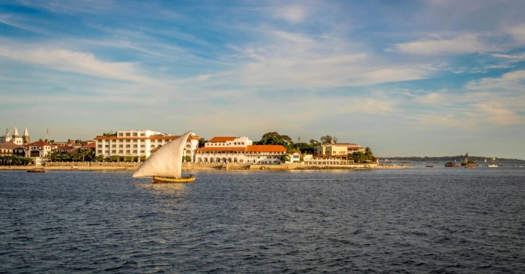 Where is Zanzibar located – aerial view of Zanzibar island coastline in East Africa Indian Ocean