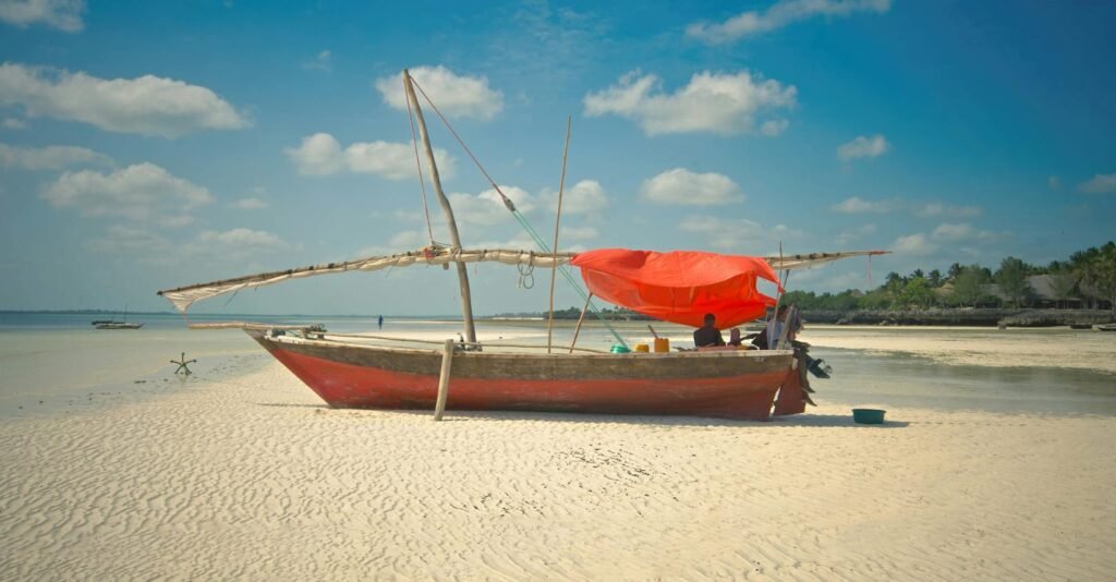 Beautiful white sand beach on Zanzibar island Tanzania with turquoise Indian Ocean water and palm trees