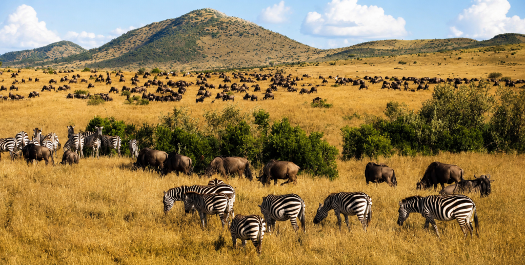 Hundreds of wildebeest and several zebras spread across a vast golden grassland with green shrubs, rolling hills, and scattered clouds in the background.