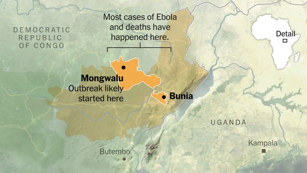 Map showing Ebola outbreak location in DRC and Uganda compared to Kenya and Tanzania safari destinations in 2026