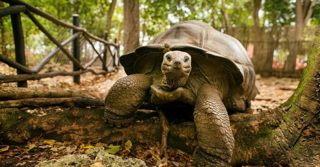 Visitors exploring Prison Island in Zanzibar with giant Aldabra tortoises near the historic Changuu Island sanctuary
