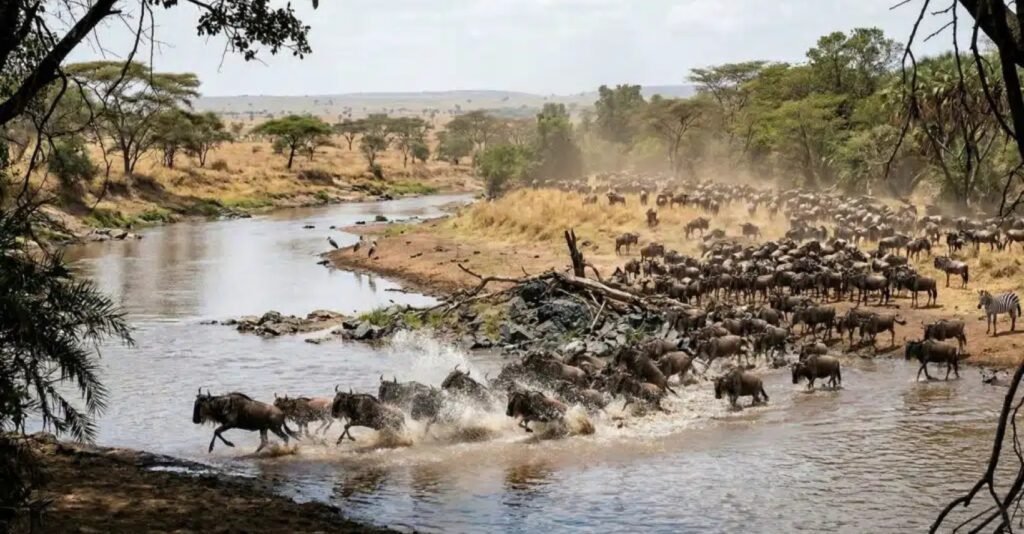 Thousands of wildebeest and zebras crossing the Mbalageti River Valley in Western Serengeti during the Great Migration as safari vehicles observe nearby.